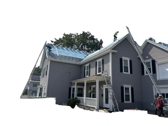 A house with a roof under repair, showcasing modified bitumen roofing services in New Jersey for durability and affordability.