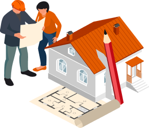 A man and woman stand beside a house, holding a pencil and blueprint, discussing modified roofing plans in New Jersey.